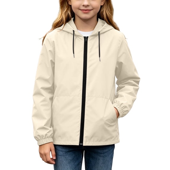 Acaics Kids Boys Girls Solid Color With Pockets Drawstring Long Sleeves Waterproof Zipper Hooded Jacket Coat