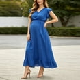 thumbnail image 1 of Acaics Maternity Linen Maxi Dress, V Neck Ruffle Sleeve Smocked Waist Long Dress, for Pregnant Women Daily Outings, 1 of 7