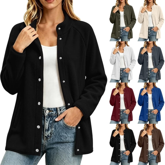 Acaics Women Oversized Stand Collar Fleece Coat, Long Sleeve Raglan Sleeve Snap Button Casual Outer Jacket with Side Pockets