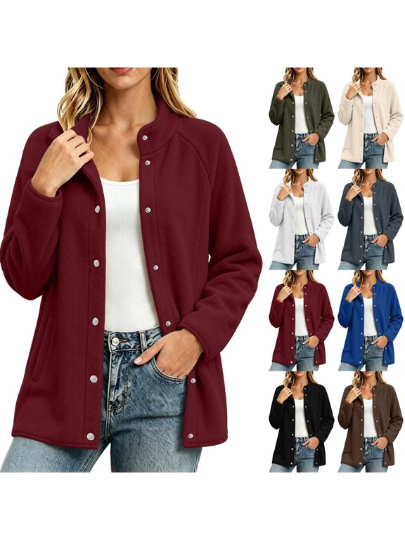 Women Oversized Stand Collar Fleece Coat, Long Sleeve Raglan Sleeve Snap Button Casual Outer Jacket with Side Pockets