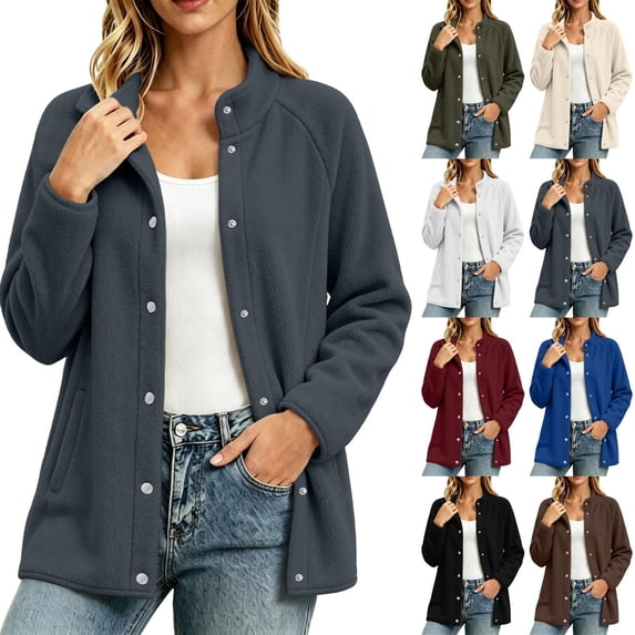 Acaics Women Oversized Stand Collar Fleece Coat, Long Sleeve Raglan Sleeve Snap Button Casual Outer Jacket with Side Pockets