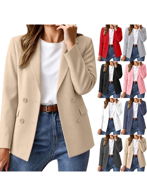 Women's Double Breasted Blazer Jacket, Long Sleeve Lapel Collar Casual Work Office Outer Coat with Pockets