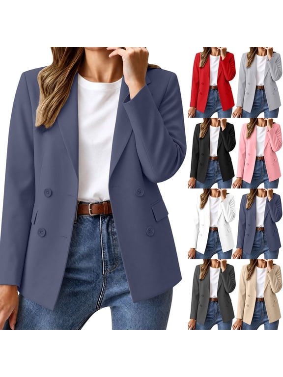 Women's Double Breasted Blazer Jacket, Long Sleeve Lapel Collar Casual Work Office Outer Coat with Pockets