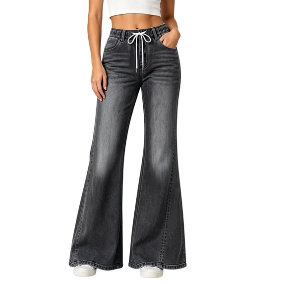 AcaicsNo Boundaries Women's Drawstring High-Waisted Wide-Leg Jeans,39.96",40.55",41.14",41.73",42.32"Length Women's Sizes S-XXL
