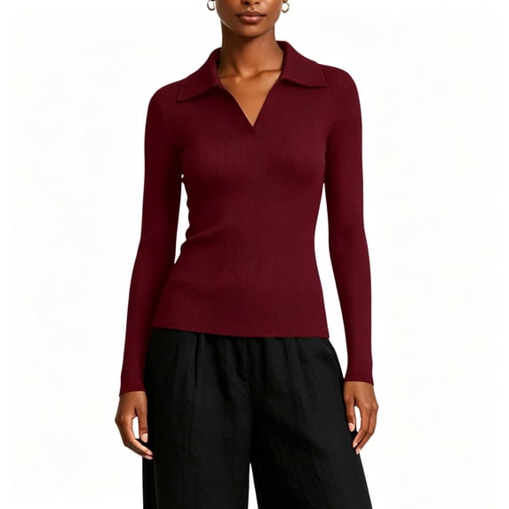 AcaicsNo Boundaries Women's Long Sleeve Knit Top, Slim Fit Ribbed V Neck Polo Collar Solid Casual Sweater