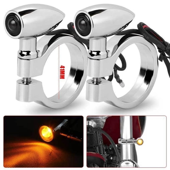 Acaigel 2Pcs Chrome Motorcycle Led Turn Signal Lights 41Mm Fork Clamp Blinker Amber Indicator