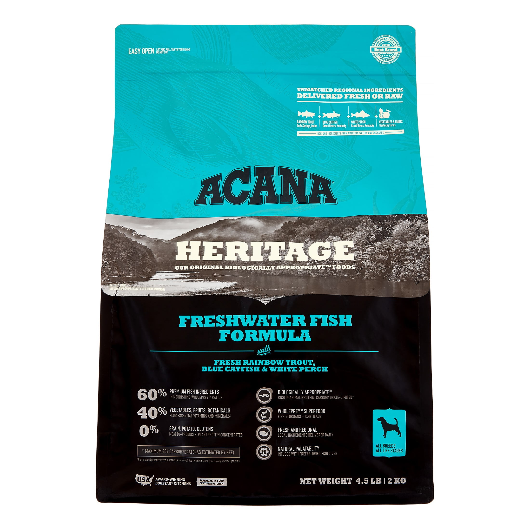 Acana Heritage Grain-Free Freshwater Fish Formula With Trout, Catfish,  Perch & Greens Dry Dog Food, 25 lb 