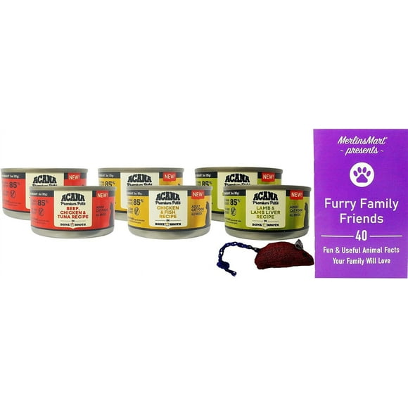 Acana Premium Pate Grain Free Cat Food 3 Flavors (2) Each: Chicken Fish, Beef Chicken Tuna, Lamb Liver - MerlinsMart Zine + Catnip Toy