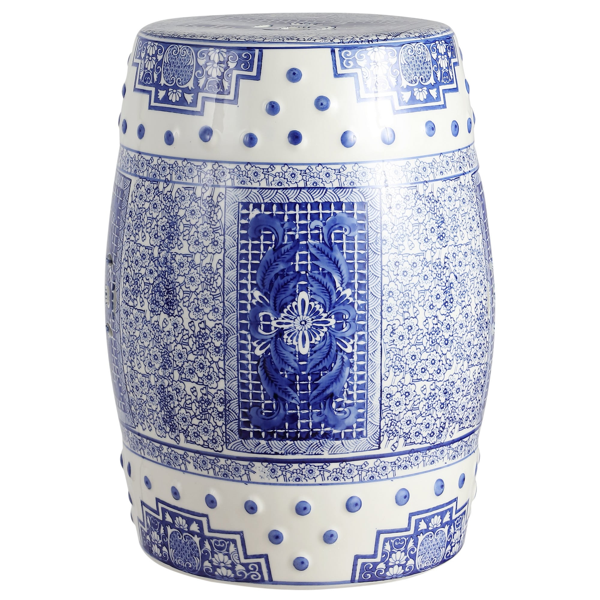 Chinoiserie Blue & White Acanthus Ceramic Garden Stool 17"x23"