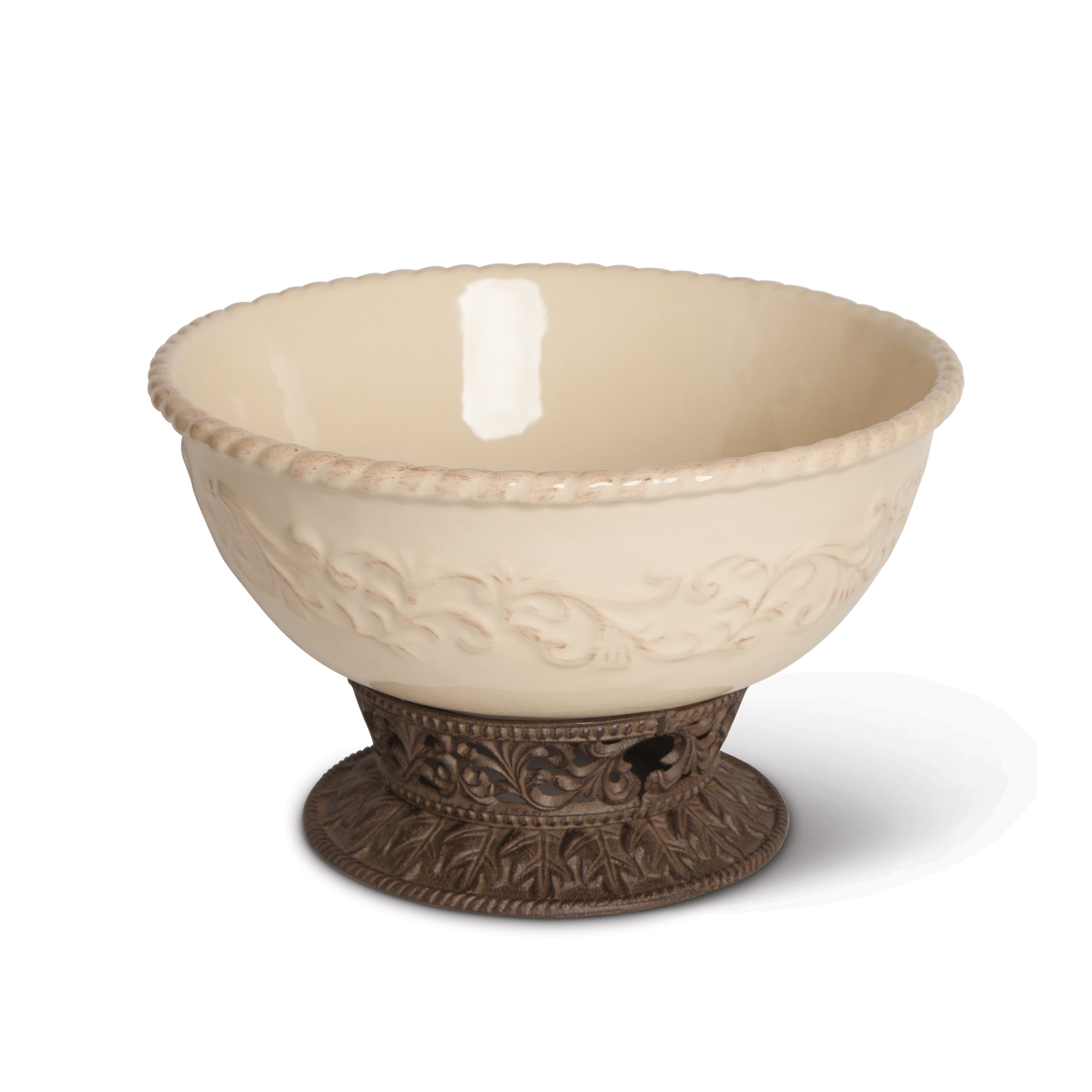 Cream Ceramic 12-Inch Bowl with Acanthus Leaf Metal Base