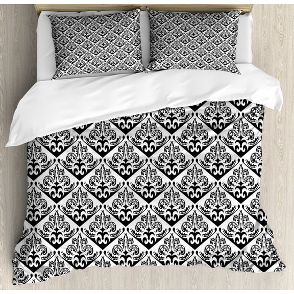 Acanthus Duvet Cover Set Queen Size, Continuous Pattern with Victorian Classical Gothic Motif, Decorative 3 Piece Bedding Set with 2 Pillow Shams, Charcoal Grey and White, by Ambesonne