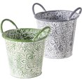 thumbnail image 1 of Acanthus Patterned Round Planters, Set of 2, Embossed, Green and Grey with White Vintage Patina, 8.75 Inches, Cache Pots, 1 of 6