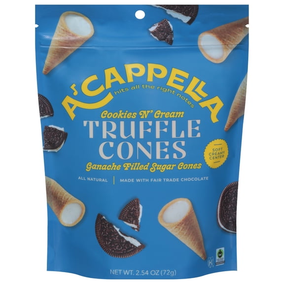 Acappella Cones Cookies 'N Cream Truffle: Gourmet Chocolate Cream Cones, Pack of 6 - 2.54 Oz
