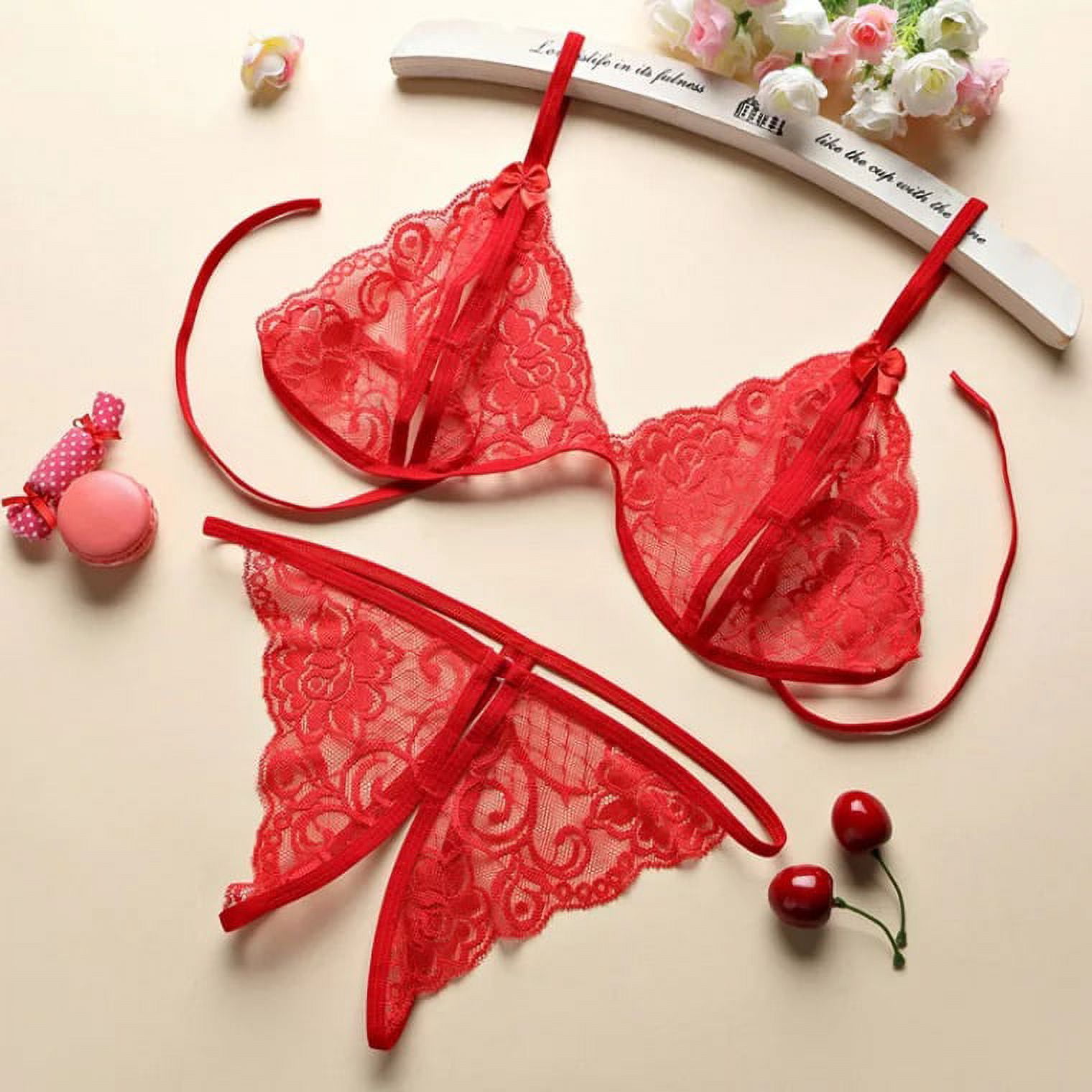 Stretch Lace & Strappy Elastic Open Front Thong Panty Red L/XL