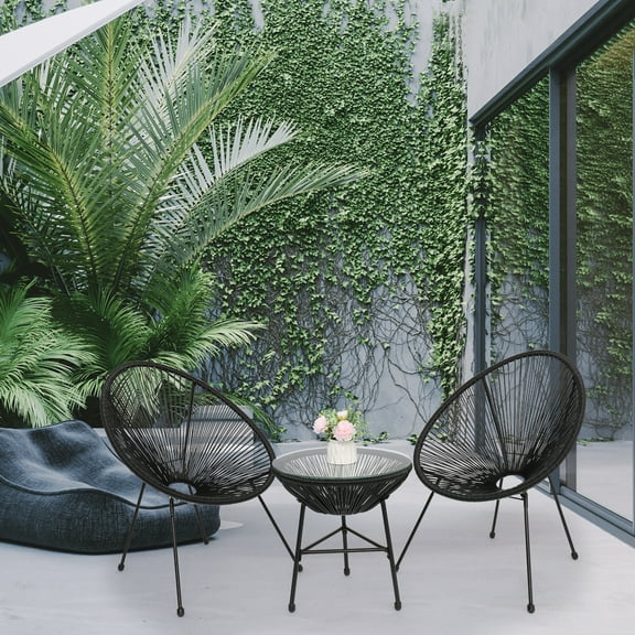 Acapulco Chair Set, BTMWAY 3 Piece Wicker Bistro Set with 2 Oval Chairs and Coffee Table, Outdoor Patio Furniture Sets for Garden, All-Weather Chaise Lounge Conversation Set, Balcony Furniture, Black