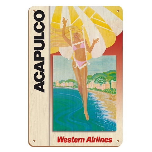 Acapulco Mexico - Parasailing Bikini Blonde - Western Air Lines - Vintage Airline Travel Poster c.1970s - 8 x 12 inch Vintage Wood Art Sign