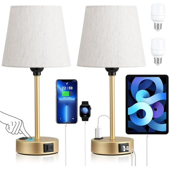 Acaxin Lamp for bedrooms Set of 2 - Nightstand Bedroom Lamp with USB C Port and AC Outlet Charging, 3 Way Dimmable Touch Control Bed Side Table Lamp, Small Night Stand Light for Kids/Guest Room
