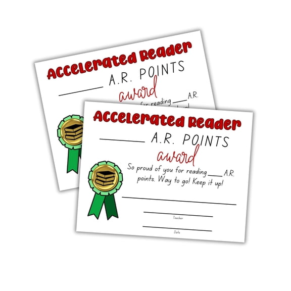 Accelerated Reader AR Points Earned Achievement Award Certificate 30pk 8.5x11 Literacy Books Read Library Award Elementary Goal Motivation