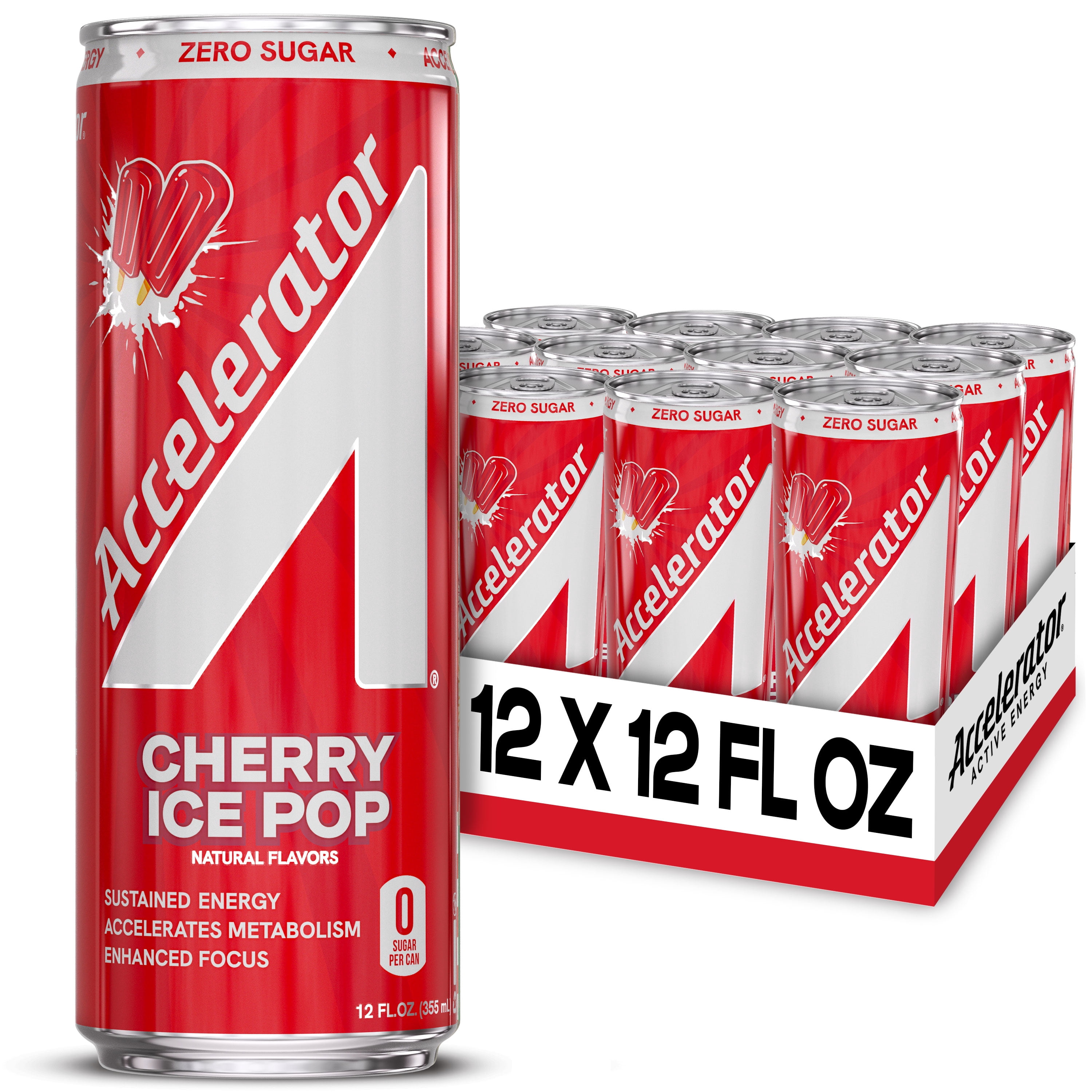 Accelerator Energy Drink, Cherry Ice Pop 12 fl oz can (12 pack), Zero Sugar, Sustained Energy from 100% Natural Caffeine (200mg from Green Coffee Bean & Green Tea extract)