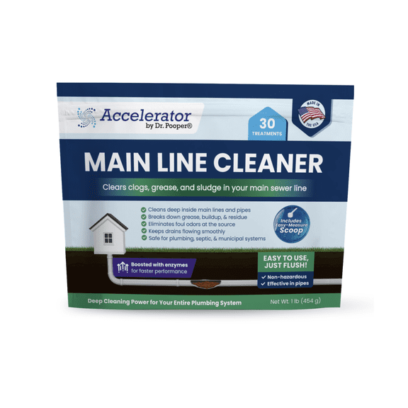 Accelerator by Dr. Pooper Main Line Cleaner  30 Treatments, Enzyme-Boosted City-Sewer & Main Drain Line Cleaner, Breaks Down Grease, Sludge & Organic Buildup, Eliminates Odors.
