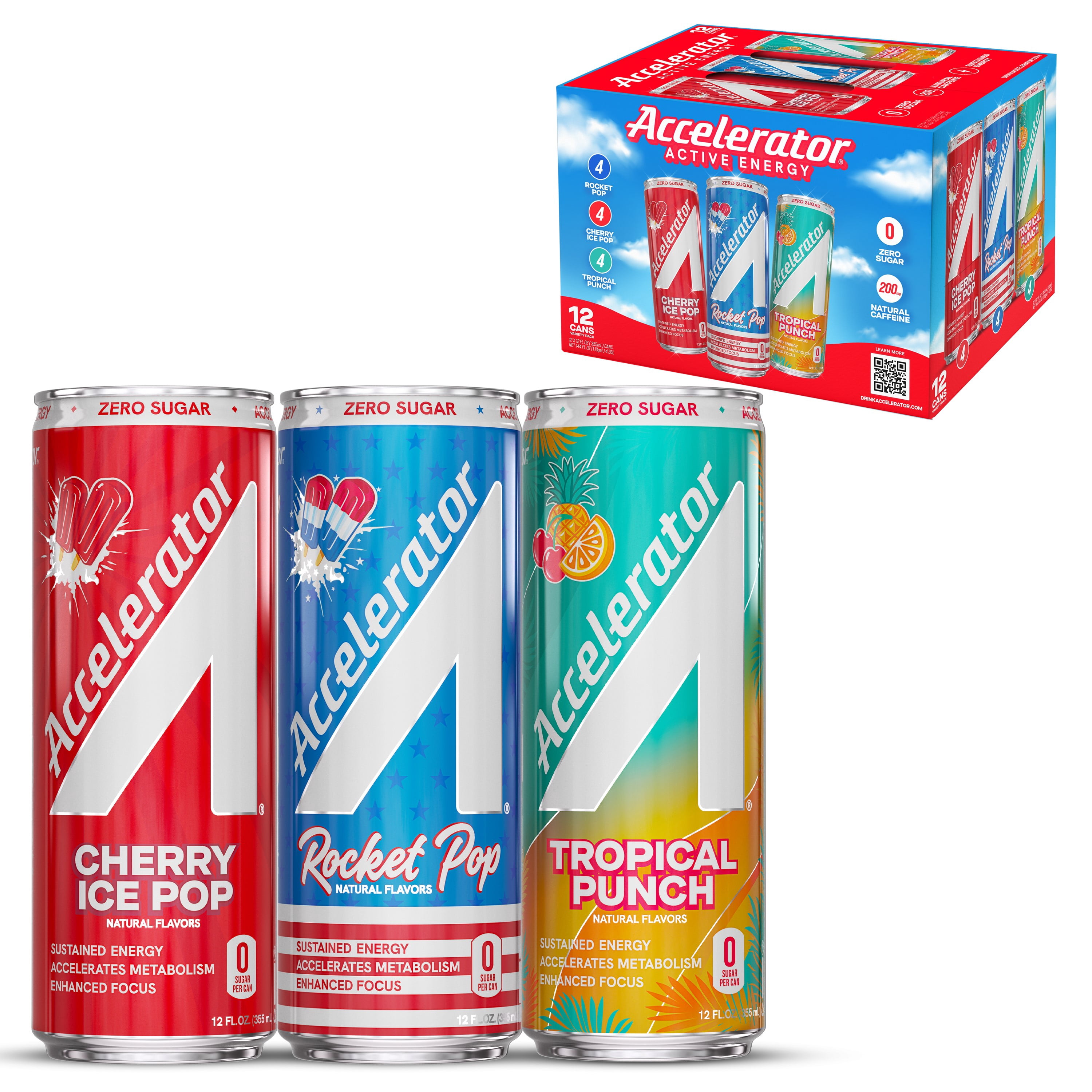 Accelerator Energy Drink, Variety Pack 12 fl oz can (12 pack), Zero Sugar, Sustained Energy from 100% Natural Caffeine (200mg from Green Coffee Bean & Green Tea extract)