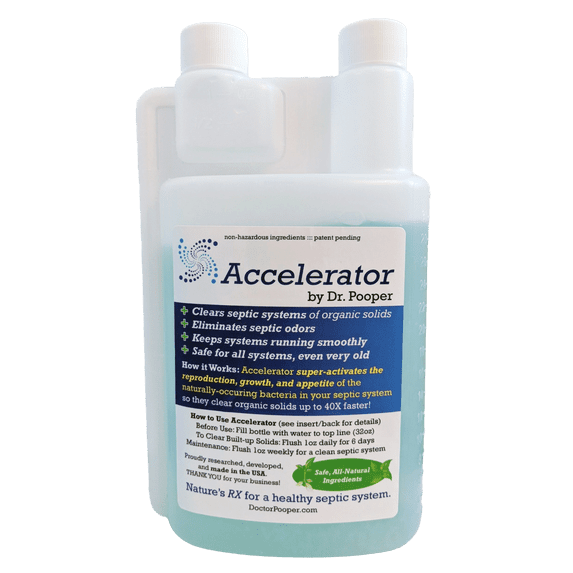 Accelerator by Dr. Pooper®️ Liquid Septic Treatment, 32 oz - Eliminates Solids, Odors, Bacteria, Sludge, Clogs - Cleans Tanks & Pipes