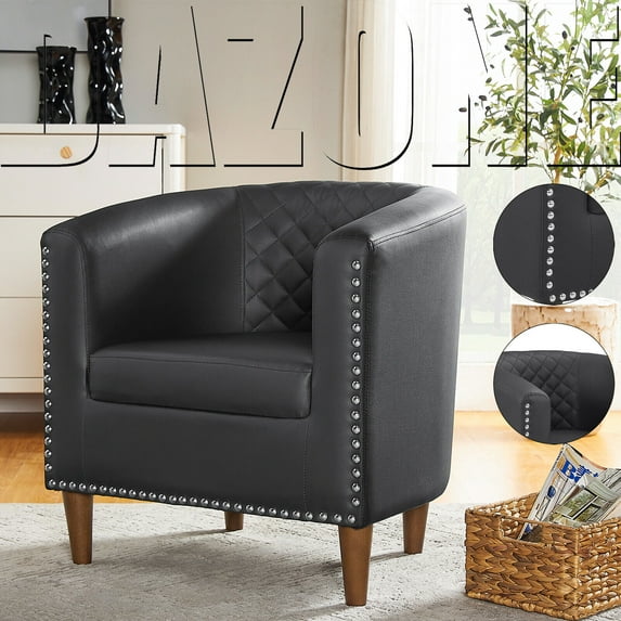Accent Arm Chair Barrel Tub Club Chair PU Leather Single Sofa Modern Upholstered Black Armchair