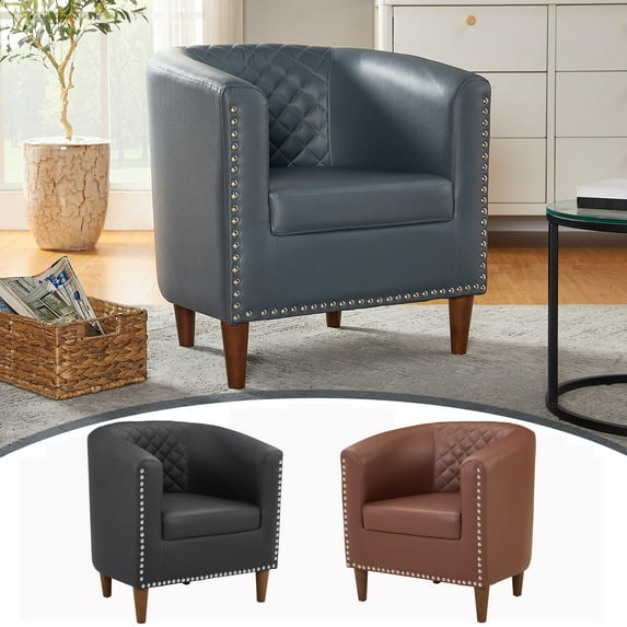 Accent Arm Chair Barrel Tub Club Chair PU Leather Single Sofa Modern Upholstered Blue Armchair