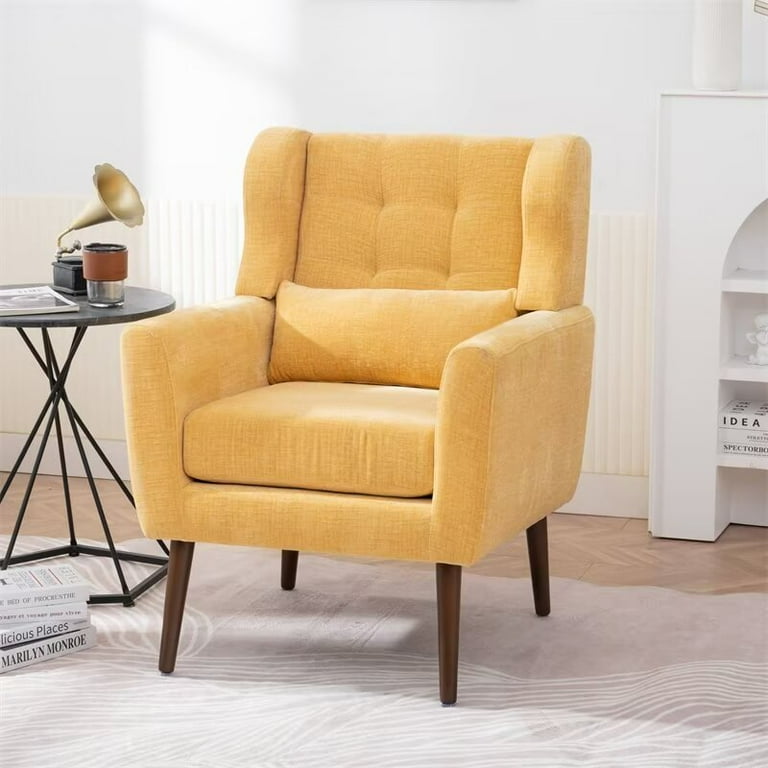 Accent Arm Chair for Living Room Modern Chenille Fabric Upholstered Armchair with Pillow and Solid Wood Leg Comfy Soft Padded Lounge Chair Reading