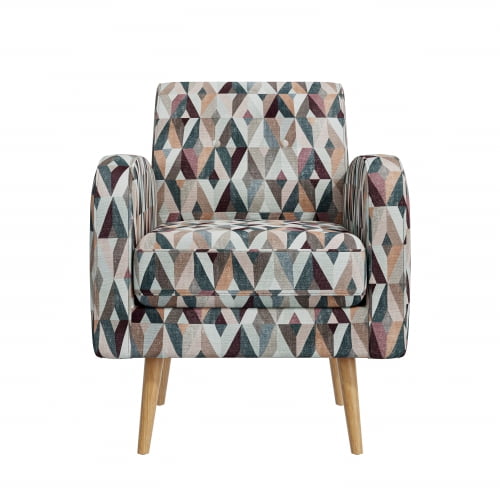 Accent Arm Chair in Red and Tan Prism Pattern with Natural Solid Wood Legs, Container Furniture Direct Contemporary Accent, Armchair for Office and Living Room Decor
