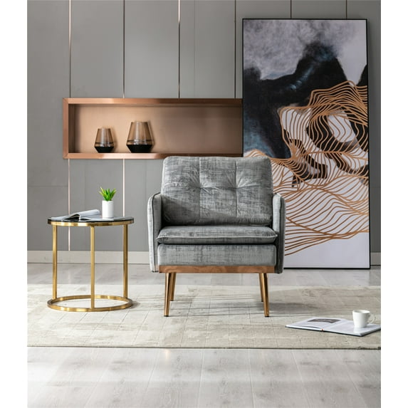 Accent Arm Chair Velvet Single Sofa Chair with Rose Golden Metal Legs Modern Upholstered Armchair for Living Room Bedroom Reading Room Home Office Furniture, Grey