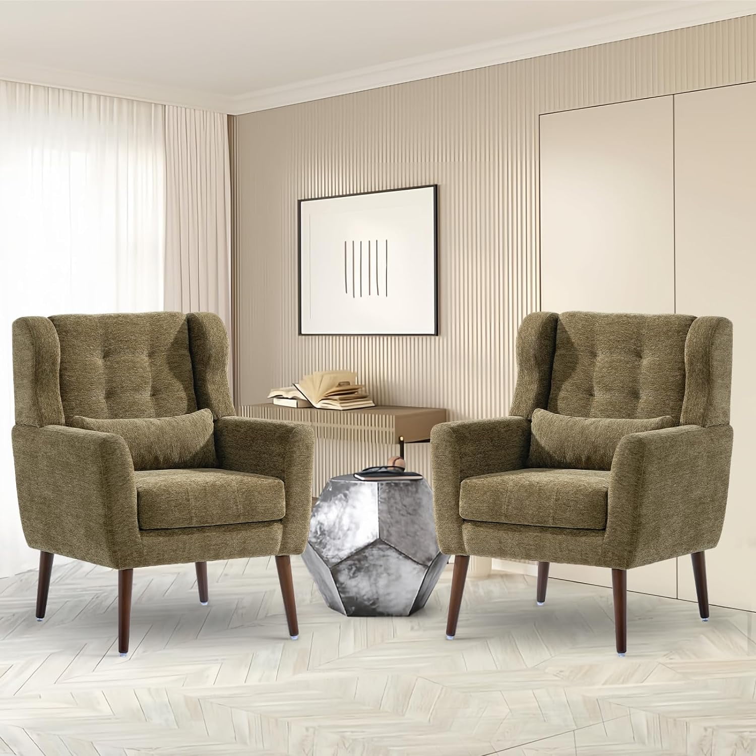 Accent Arm Chairs 2 Pack, Upholstered Armchair for Living Room with Pillow,Chenille Single Sofa Chairs with Arms,Modern Comfy Reading Chair for Bedroom,Small Spaces