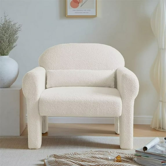 Accent Armchair, Modern Teddy Upholstered Lounge Chair with Pillow and Wood Frame Comfy Single Sofa Chair Leisure Reading Chair for Living Room Bedroom Office, Antique White