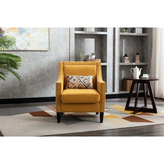 Accent Armchair with Nailheads and Solid Wood Legs, Velvet Leisure Single Sofa, Upholstered Barrel Club Chairs for Living Room, Bedroom and Office, Yellow