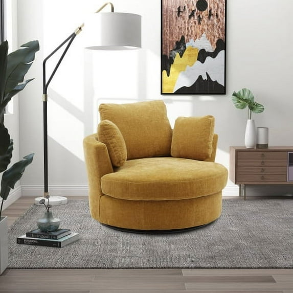 Accent Barrel Chair,360 Degree Swivel Swivel Round Sofa With 3 Pillows,Modern Oversized Arm Chair Cozy Club Chair for Bedroom Living Room Lounge Hotel,Mustard
