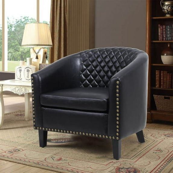 Accent Barrel Chair Living Room Chair With Nailheads And Solid Wood Legs Black Pu Leather