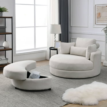 Accent Barrel Chair, Modern Swivel Sofa Chair Chaise Lounge with Storage Ottoman and Pillows, Linen Fabric Round Club Chair with Curved Backrest for Living Room Hotel, Beige