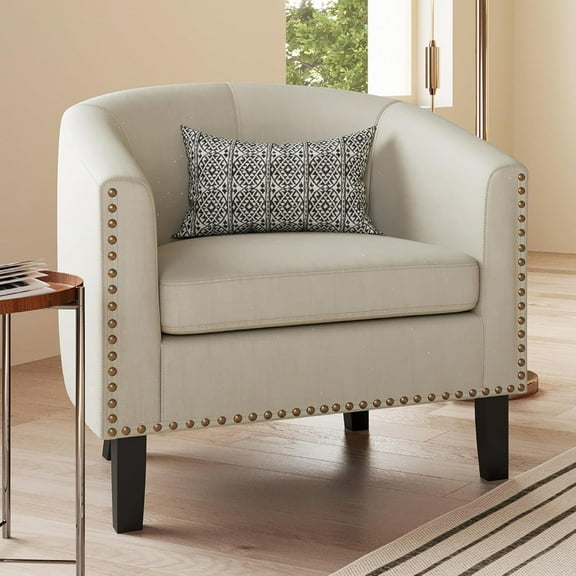 Accent Barrel Chair, Modern Tub Club Chair Upholstered Armchair with Gold Nail Head Trim and Black Legs for Living Room Bedroom Apartment Lounge - Beige/Linen