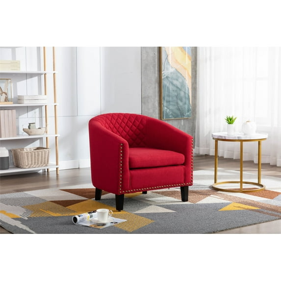 Accent Barrel Chair, Modern Tub Club Chair Upholstered Armchair with Gold Nailhead Trim & Black Legs, Comfy Reading Chair for Living Room, Bedroom, Home Office, Red