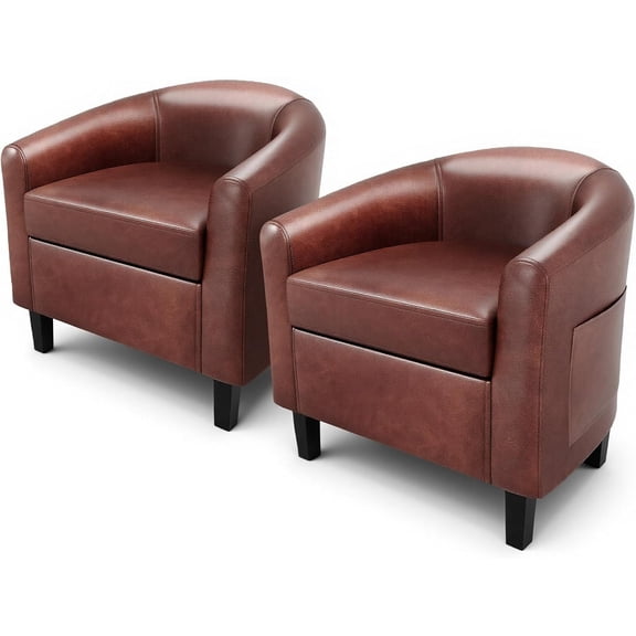 Accent Barrel Chair Set of 2 - Faux Leather Club Armchairs with Soft Padded Seat, Brown