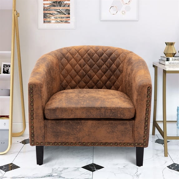 Accent Barrel Chair, Vintage Upholstered Armchair with Tufted Backrest and Rivets Trim Armrest, Living Room Single Sofa Chair with Solid Wood Legs for Home Office, Coffee Fabric