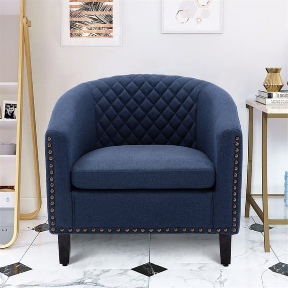 Accent Barrel Chair, Vintage Upholstered Armchair with Tufted Backrest and Rivets Trim Armrest, Living Room Single Sofa Chair with Solid Wood Legs for Home Office, Navy Linen