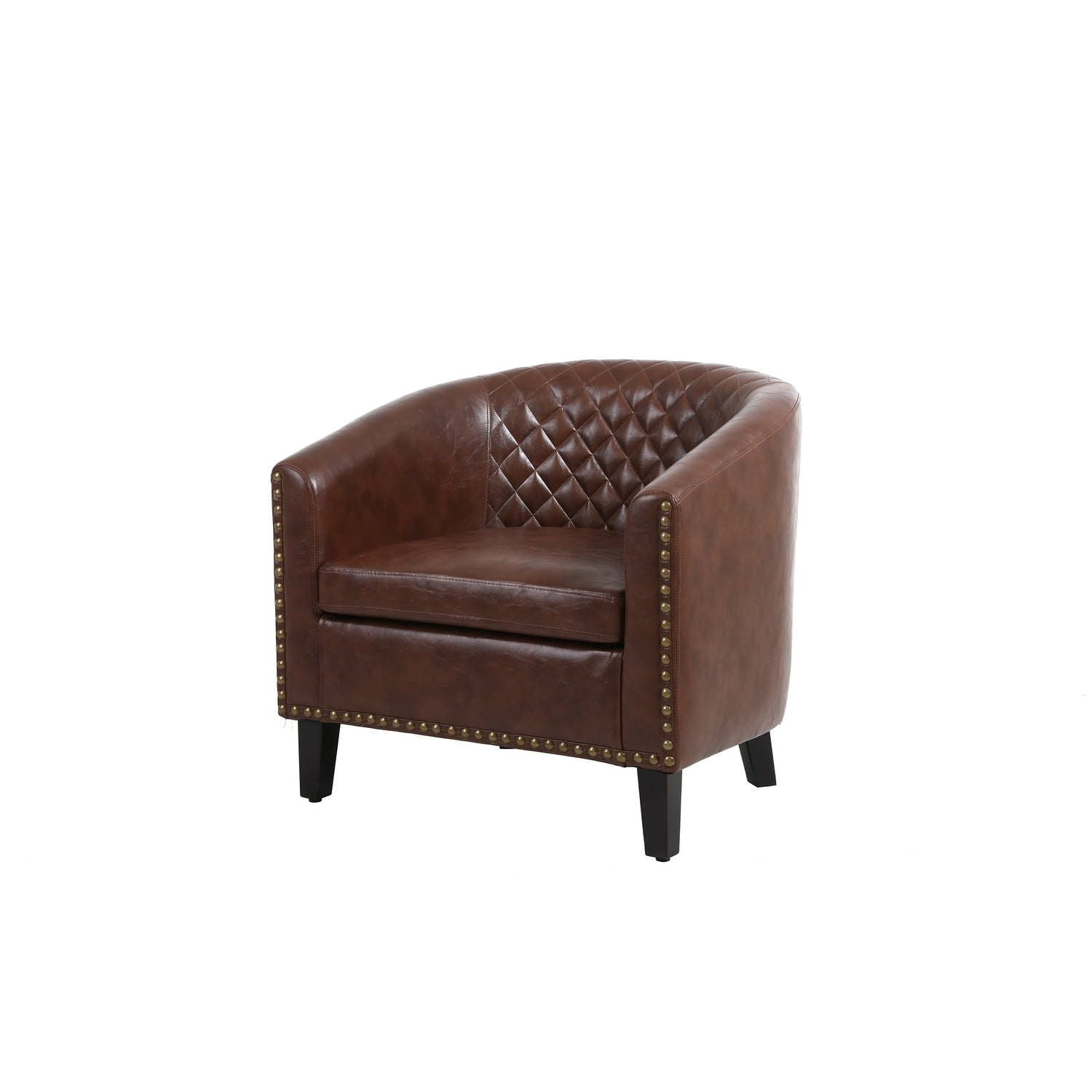 Brown Faux Leather Barrel Chair with Nailhead Trim
