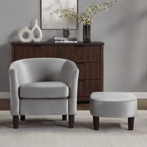 Accent Barrel Chair with Ottoman, Modern Club Chair Comfy Reading Armchair with Footrest for Living Room, Black