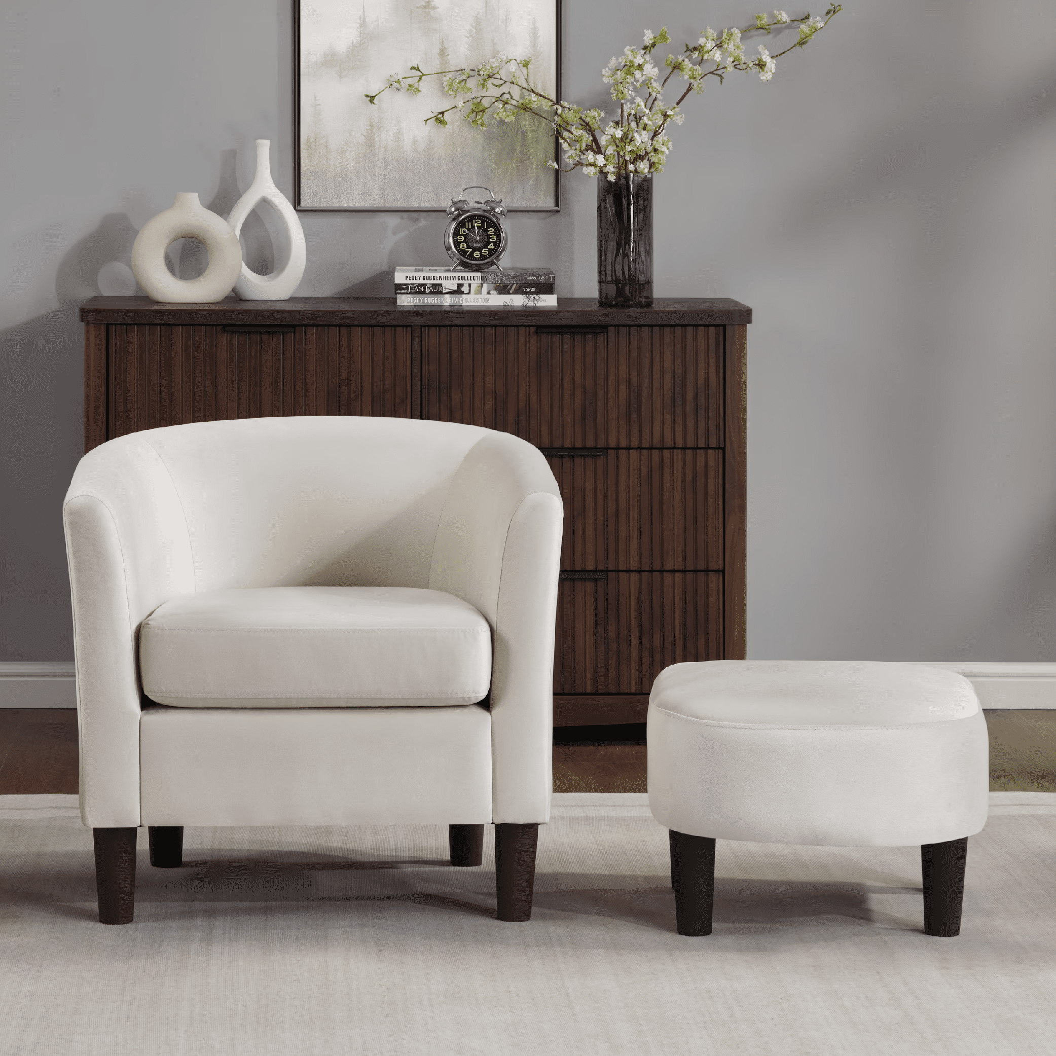 Accent Barrel Chair with Ottoman, Modern Club Chair Comfy Reading Armchair with Footrest for Living Room, White