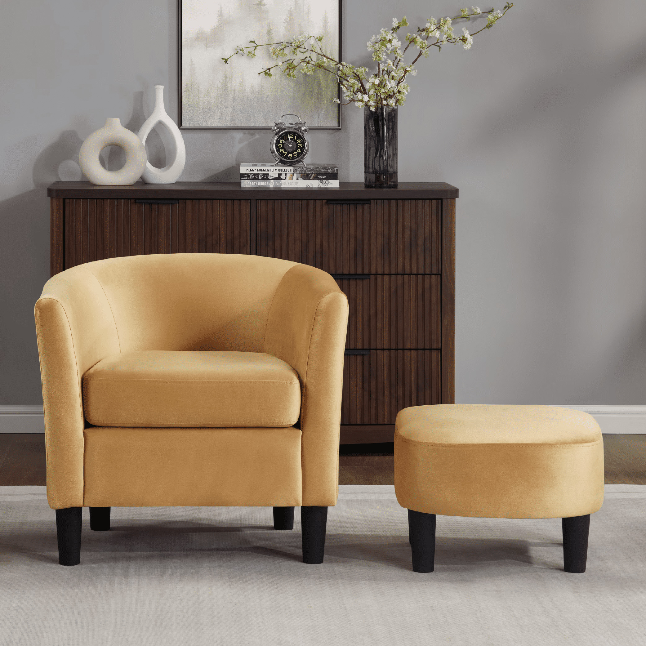 Accent Barrel Chair with Ottoman, Modern Club Chair Comfy Reading Armchair with Footrest for Living Room, Yellow