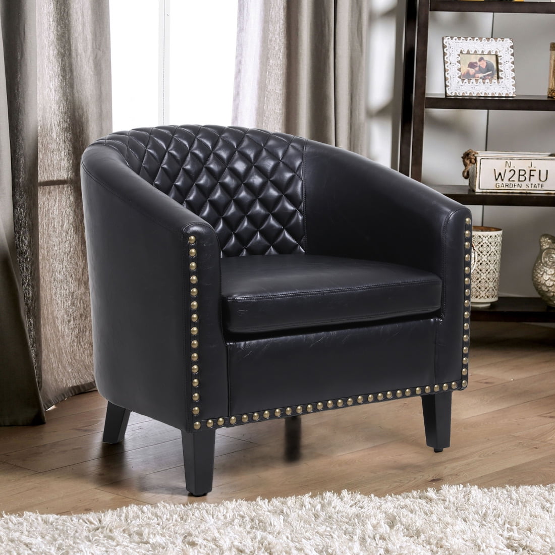 Black Faux Leather Barrel Accent Chair with Wood Legs