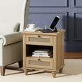 thumbnail image 1 of Accent Bedside Table with Charging Station, Light Oak Nightstand with Rattan Drawer & Shelf, 1 of 7