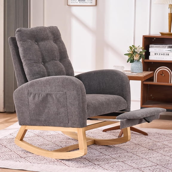 Accent Beige Rocking Chair with Footrest High Back Rubber Wood Rocking Legs, Leisure Rocking Recliner for Bedroom Living Space 26.77D X 38.36W X 39.76H Inch