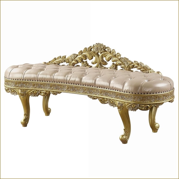 Accent Bench, Classic Cabriole Light Gold Faux Leather Gold Finish for Living Room, Bedroom | Gold | Faux Leather